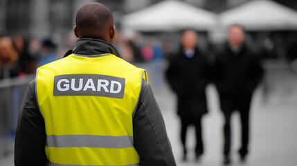 A security guard in a yellow reflective vest with the word "GUARD" visible stands attentively with blurred colleagues in the background.
