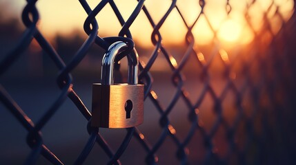 A padlock securing a fence at sunset.