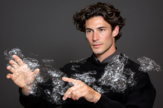 Digital Interface Visualization: A captivating depiction of a man interacting with a futuristic digital interface.