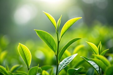 Vibrant green tea leaves unfurling in the soft morning sunlight on a plantation with a blurred background