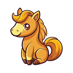 Cute cartoon horse with golden mane sitting happily isolated on white background