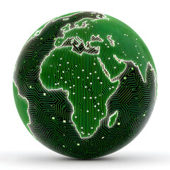 Green Globe: A vibrant globe with intricate circuitry patterns in a vivid green hue, depicting the interconnectedness of the digital world and the power of technology in a futuristic.