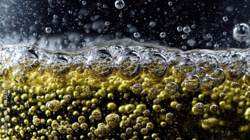 Poster artistic closeup of bubbles ascending in a glass as a fizzy beverage fills it emphasizing the sparkl