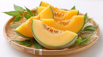 Fresh Melon Wedges With Leaf Garnish
