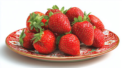 Juicy Strawberries With Leaves on Colorful Plate