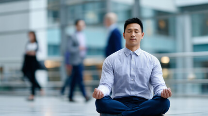 Calm businessman meditating with closed eyes in a busy office environment, focusing on mindfulness and stress relief.
