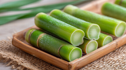 Sugarcane Pieces Aligned on Bamboo Mat
