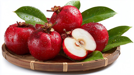 Whole and Sliced Rose Apples on Bamboo Plate