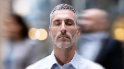 Calm businessman meditating with closed eyes in a busy office environment, focusing on mindfulness and stress relief.
