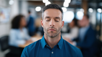 Fototapeta premium Calm businessman meditating with closed eyes in a busy office environment, focusing on mindfulness and stress relief. 
