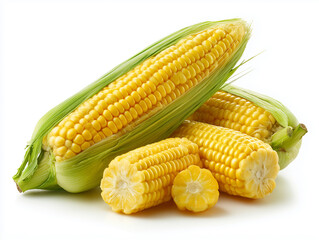 Whole and Sliced Corn Ears on White Background