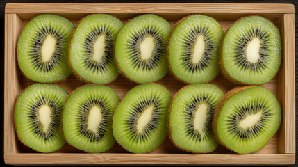 Wooden Tray of Sliced Kiwi Fruit