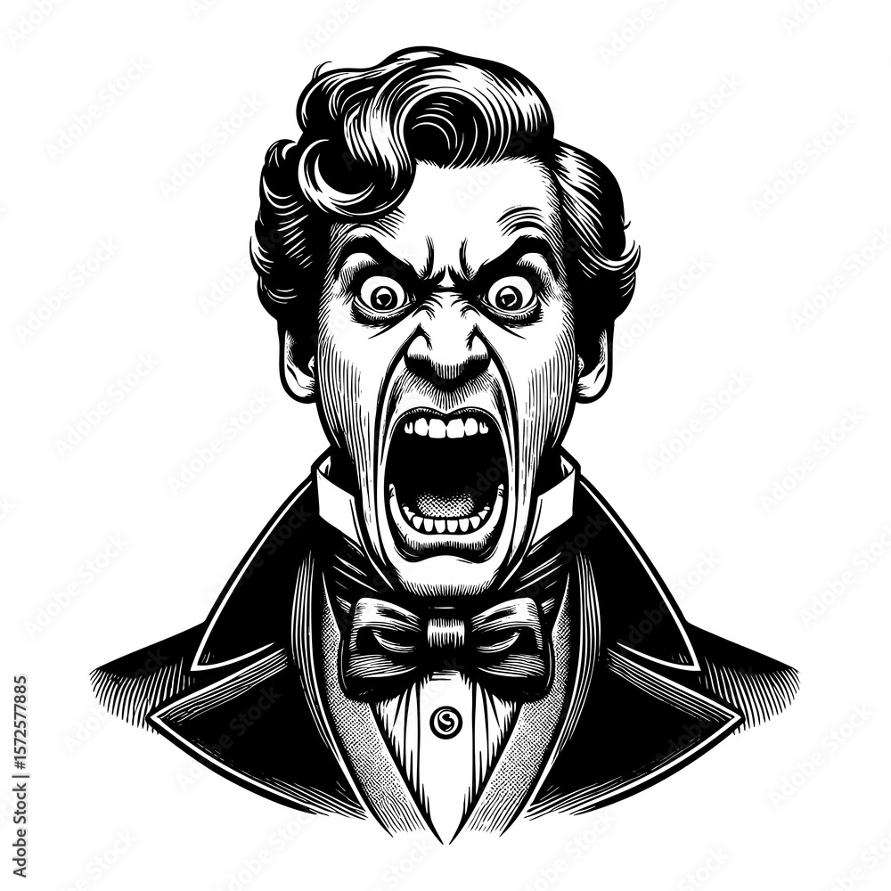 Poster formally dressed man with a furious expression, mouth wide open in a loud scream or shout sketch eng