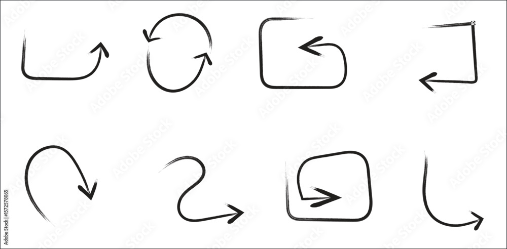 Poster hand-drawn black arrows set on transparent background – abstract curved, rounded, square, and loop a