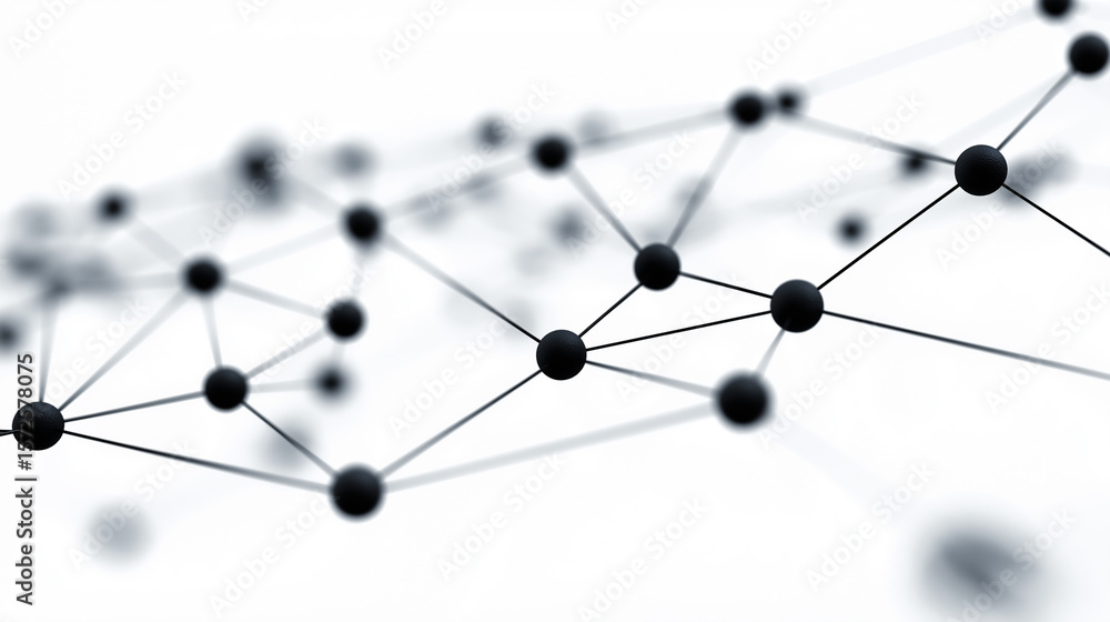 Poster abstract digital network of black nodes connected by lines on a bright white background, representin