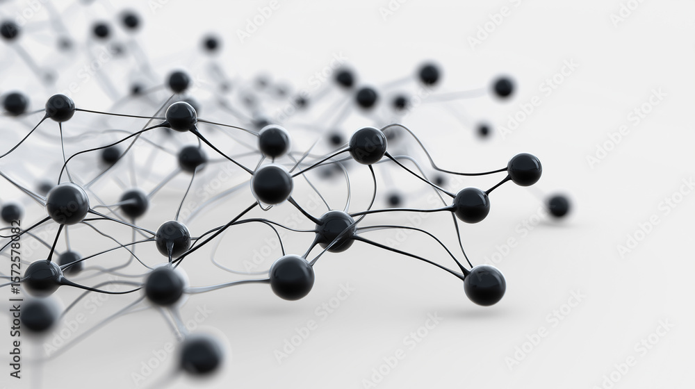 Poster abstract 3d network of black connected spheres on a white background, representing data or molecular