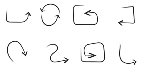 Hand-drawn black arrows set on transparent background – abstract curved, rounded, square, and loop arrows for UI navigation, infographic direction, creative flowcharts, or motion path graphic design

