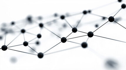 Abstract digital network of black nodes connected by lines on a bright white background, representing communication and technology.
