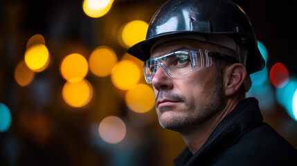 Fototapeta premium Portrait of a serious male construction worker wearing a helmet and safety glasses at night. 