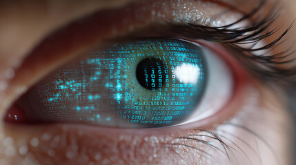 Extreme close-up of a human eye with digital code reflections, symbolizing technology and surveillance.

