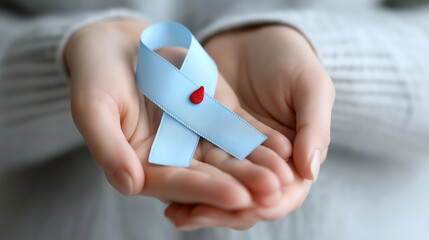 Symbolic Image for World Diabetes Day: Blue Satin Ribbon and Red Blood Drop in Caring Hands, medical campaign, blood sugar health, chronic disease, autoimmune condition,
glucose control, public health