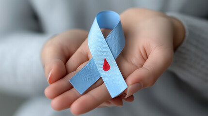 Close-Up of Hands Holding Blue Diabetes Awareness Ribbon with Red Blood Drop Symbol,medical campaign, blood sugar health, chronic disease, autoimmune condition,
glucose control, public health care,