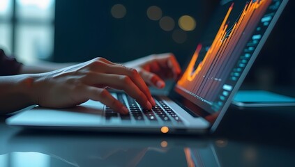 Hands working on modern laptop, analyzing upward trending bar graph