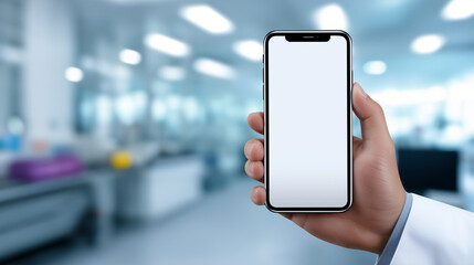 Close-up of a smartphone with a blank screen held in hand inside a modern laboratory.
