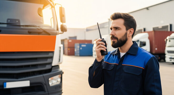 Walkie-talkie in the hand of a logistics specialist, conversation. Male worker standing near a truck on the street in the parking lot of a freight company