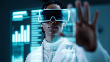 Woman in white clothing wearing a VR headset, interacting with virtual data visualizations.
