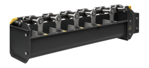 Drag chain conveyor with a flat-bottomed trough and paddles for pushing materials in a biomass power plant