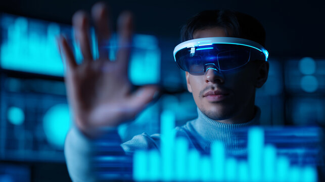 Man wearing augmented reality glasses interacting with a digital data interface in a futuristic environment.
- Powered by Adobe