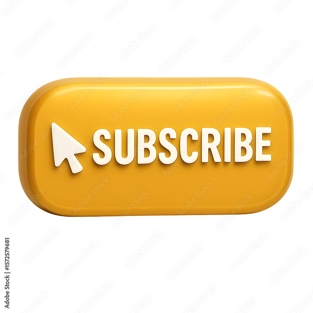 Poster 3d yellow subscribe button with white cursor icon isolated on transparent background