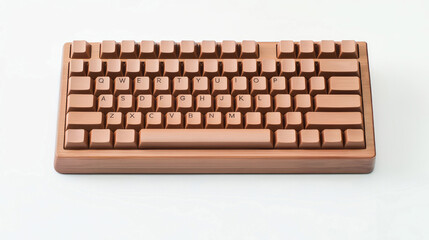 A wooden computer keyboard with raised keys, designed to mimic a traditional keyboard layout, combining natural materials with digital aesthetics.