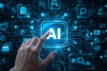 Generative AI artificial intelligence generate text document and abstract papers. Man touching AI icon on electronic circuit board.