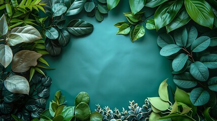 Mock-up, fond graphique, arrière plan vert sur le thème des plantes et feuilles, intégration produit ou texte.
