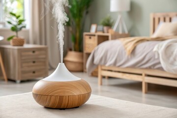Diffuser releasing a visible mist of essential oil vapor in a serene bedroom