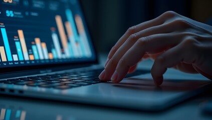 Hands working on modern laptop, analyzing upward trending bar graph