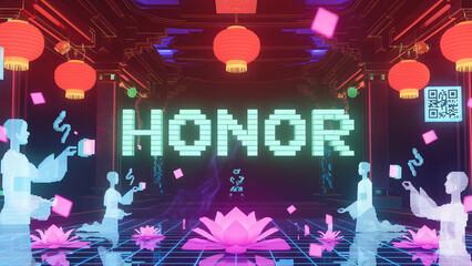 A neon celebration of Honor unfolds in a digital Chinese garden where holographic figures dance among floating lotuses