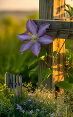 Blooming clematis flower embraces rustic fence at sunset in tranquil garden setting Generative AI