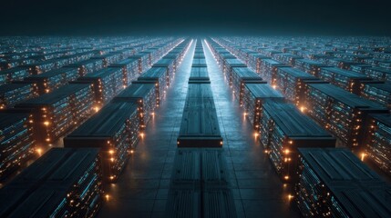 Fototapeta premium A birdseye view of a vast data center revealing neatly aligned server racks equipped with cuttingedge technology. The strategic layout and illuminated indicators emphasize efficiency