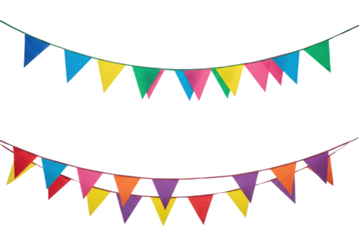Two distinct strings of small, triangular pennant flags in vibrant electric blue, emerald green, sunny yellow, hot pink, deep purple, fiery red, draped in S-curves on a transparent background with
