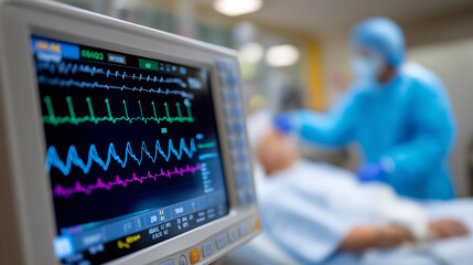 Vital signs monitor displaying patient data in a hospital operating room with medical staff in the background.
