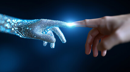 Futuristic scene of a human hand reaching out to touch a glowing digital hand made of particles.
