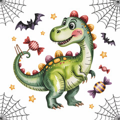 Fototapeta premium Cute dinosaur girl surrounded by candies and bats against a Halloween backdrop in cheerful colors Generative AI