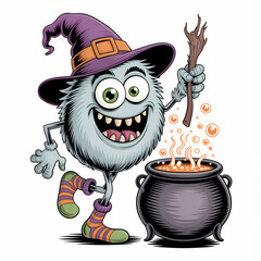 Whimsical creature brews potions in a magical cauldron during a lively Halloween celebration Generative AI