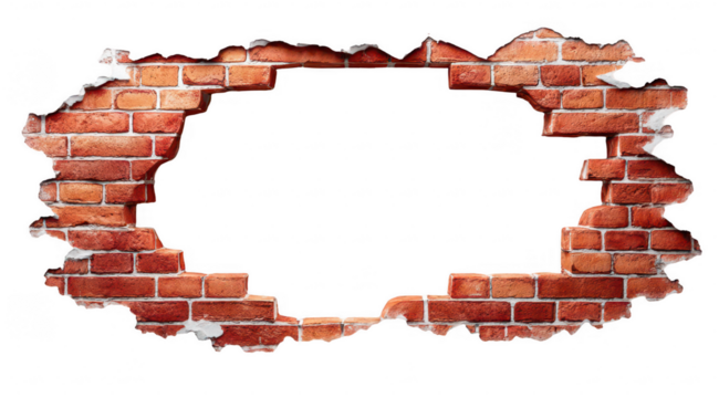 Brick wall with a broken-out, oval-shaped hole