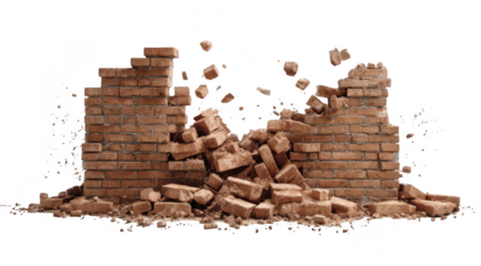 Brick wall collapsing in debris field