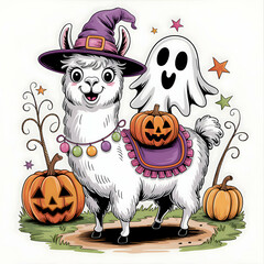 Lively llama in a witch hat celebrating Halloween with pumpkins and a playful ghost in a festive garden Generative AI