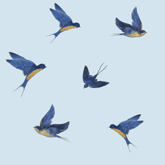 Flying Blue Swallows Seamless Pattern on Light Blue Background